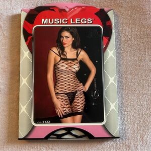 Music Legs black diamond net mini dress lingerie coverup triple strap OS
